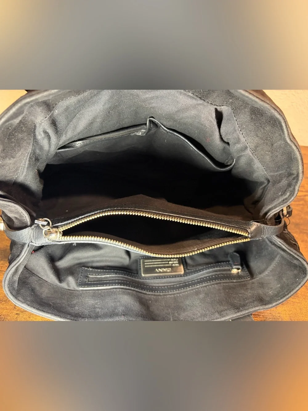 Vintage DKNY Black Suede Shoulder Bag Y2K Monogram Logo Embroidered Hobo Tote